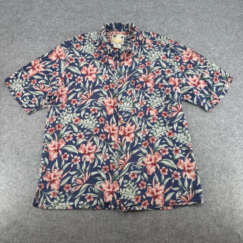 Banana Cabana Mens Large Silk Hawaiian Shirt Floral Orchid Navy Blue
